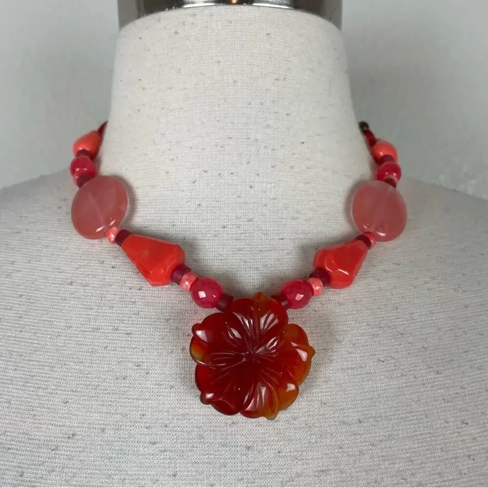 Chico's Orange Beaded Floral  Pendant Necklace